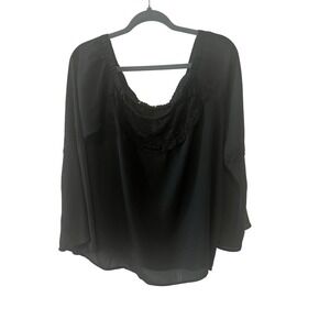 Black Off The Shoulder Lace Trim Bell Sleeve Blouse Boho Top (1110)